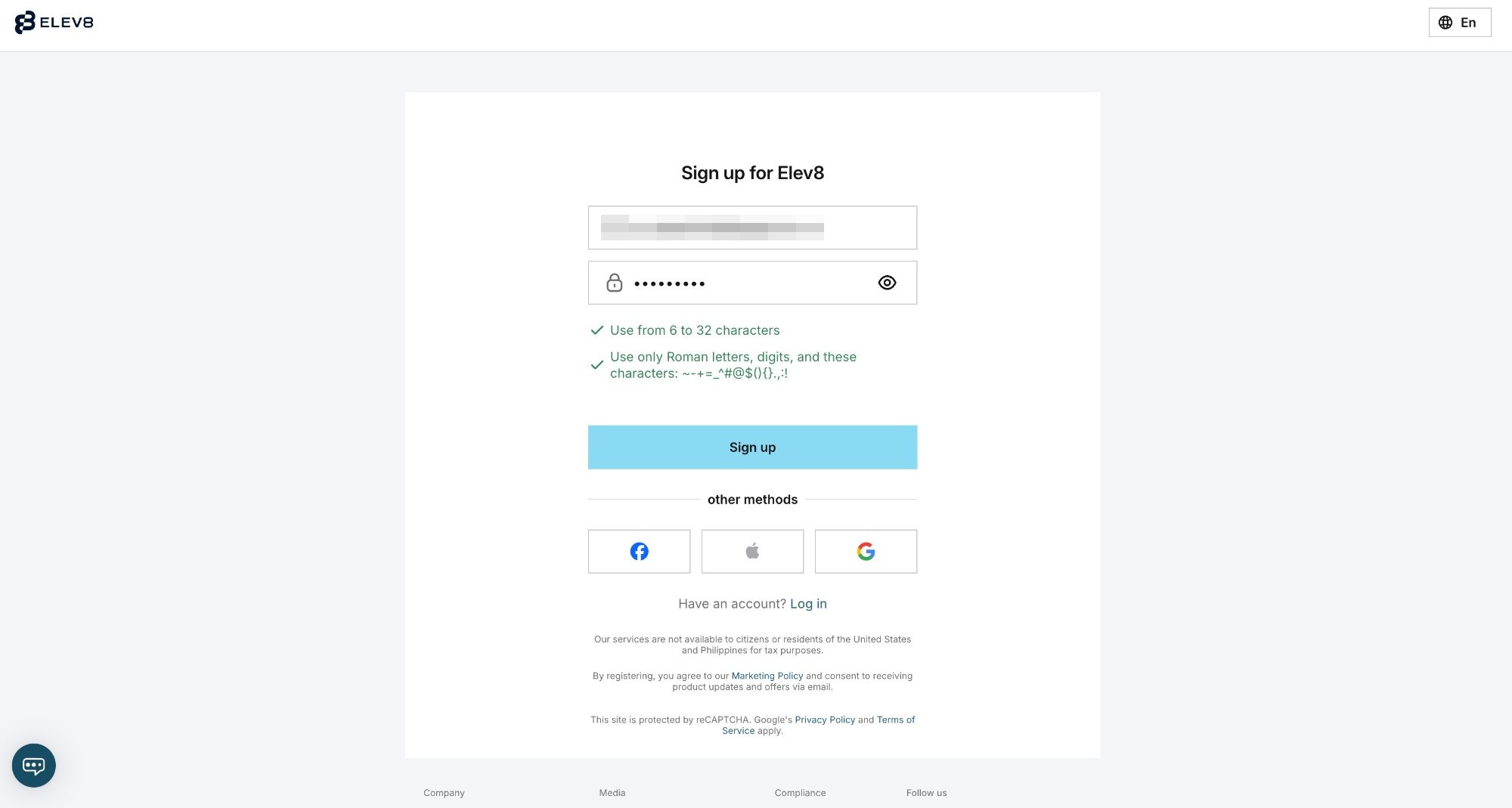 Elev8 Sign Up Page