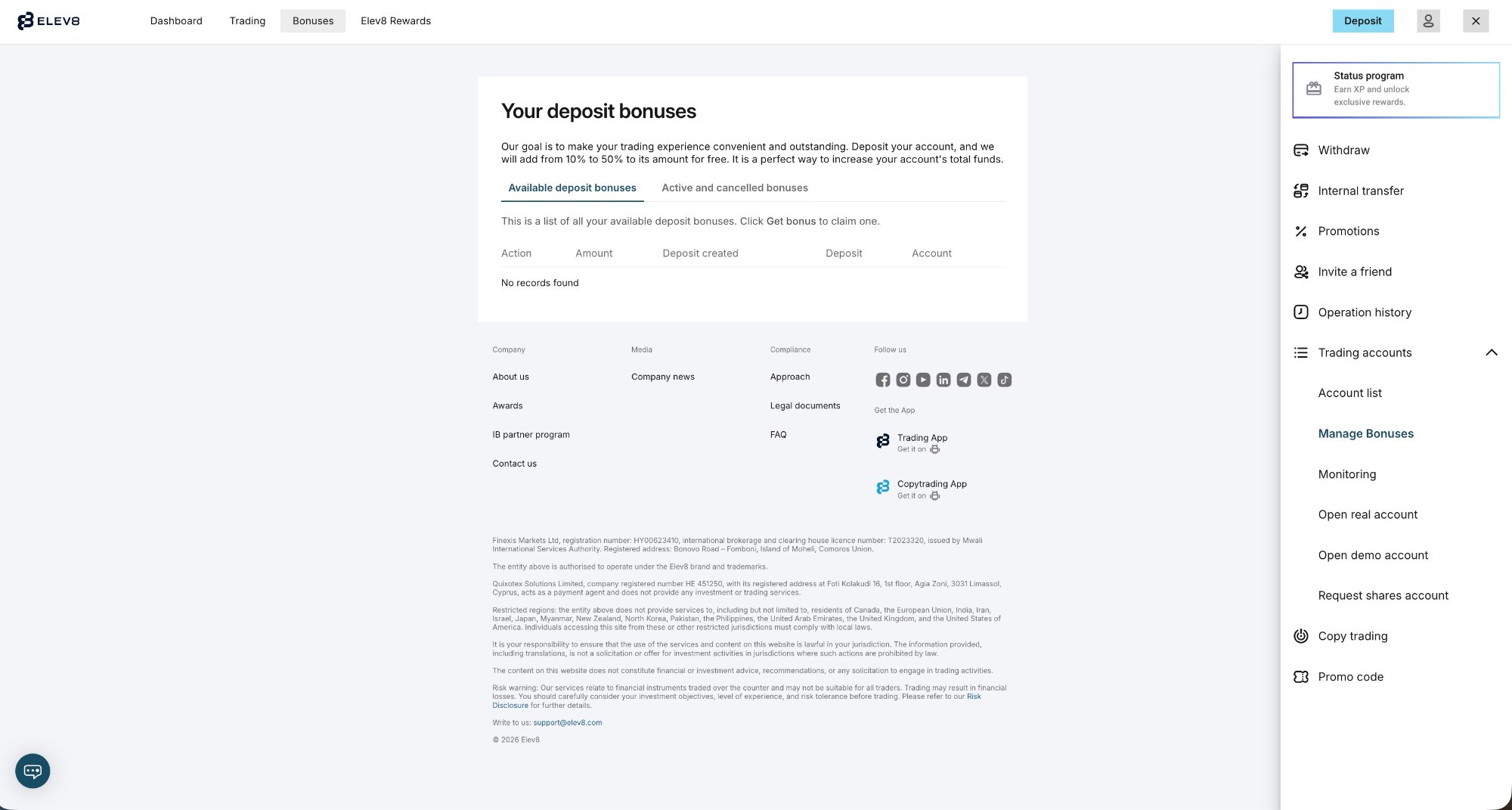 Deposit bonus management page